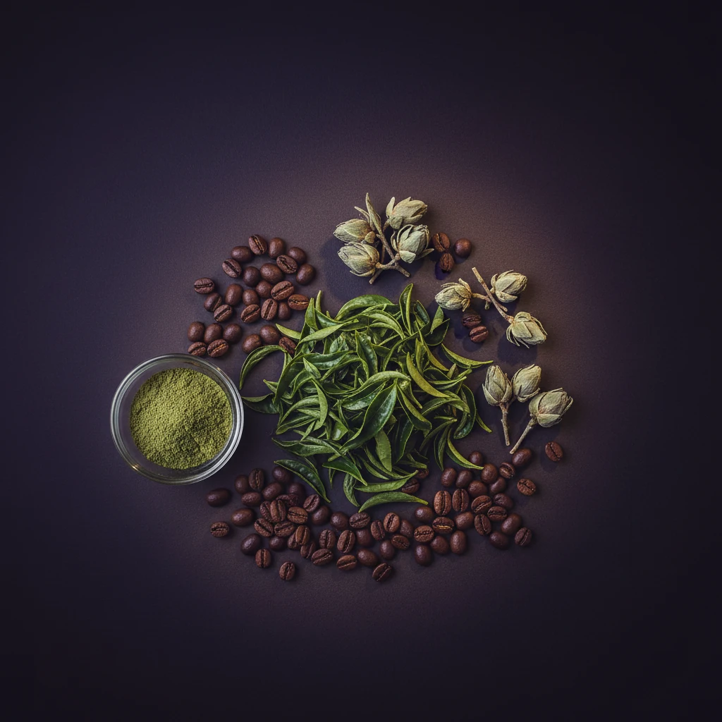 Frische Grünteeblätter und Camellia sinensis Knospen auf dunklem Hintergrund - Grüntee-Extrakt Detailaufnahme